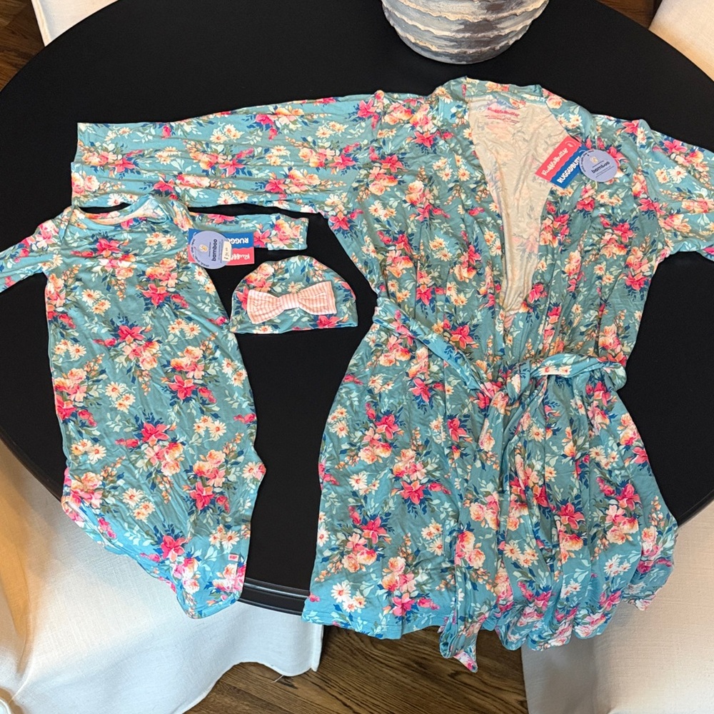 Ruffle Butts Bamboo NWT Floral Matching Set; Layette Gown, cap, and robe